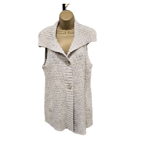 Fisherman Sweater Vest Womens L Beige Cardigan Funnel Chunky Cable Knit Coastal - Picture 8 of 8